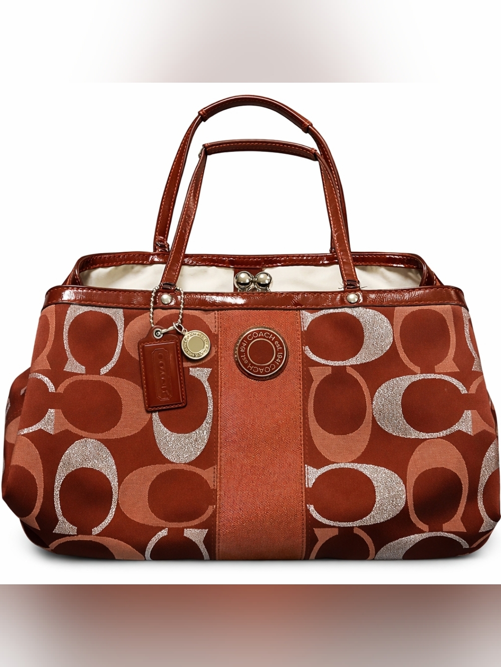 Coach Signature Stripe Metallic Kisslock Frame Carryall Burgundy 3 Color Satchel